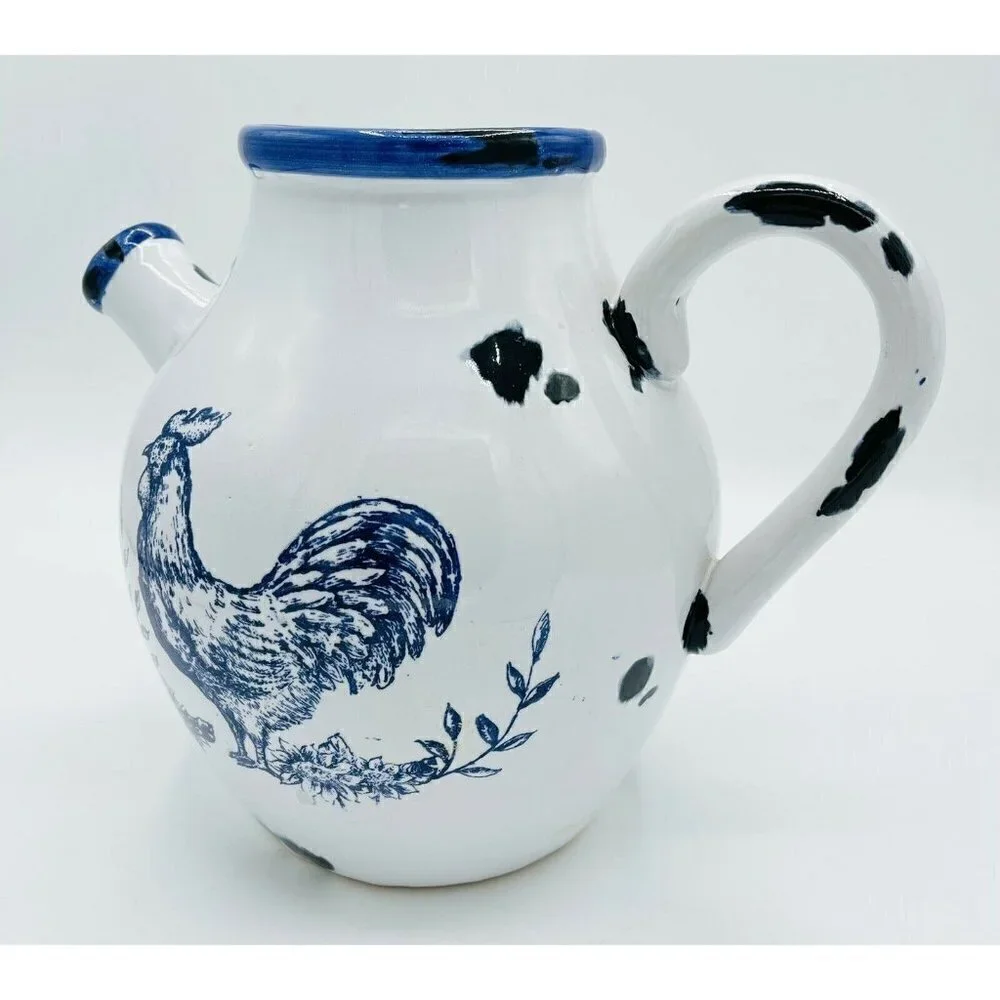 Maxcera White Pitcher w Blue Rooster 8.5'' Pottery Vase Distressed Enamel Look
